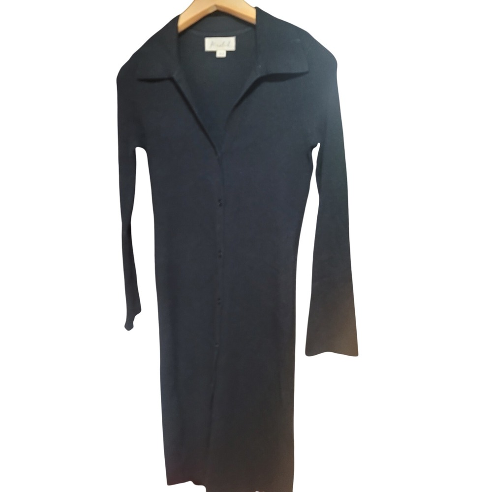 Marled Black Ribbed Knit Long Sleeve Button Front Maxi Dress‎ XS